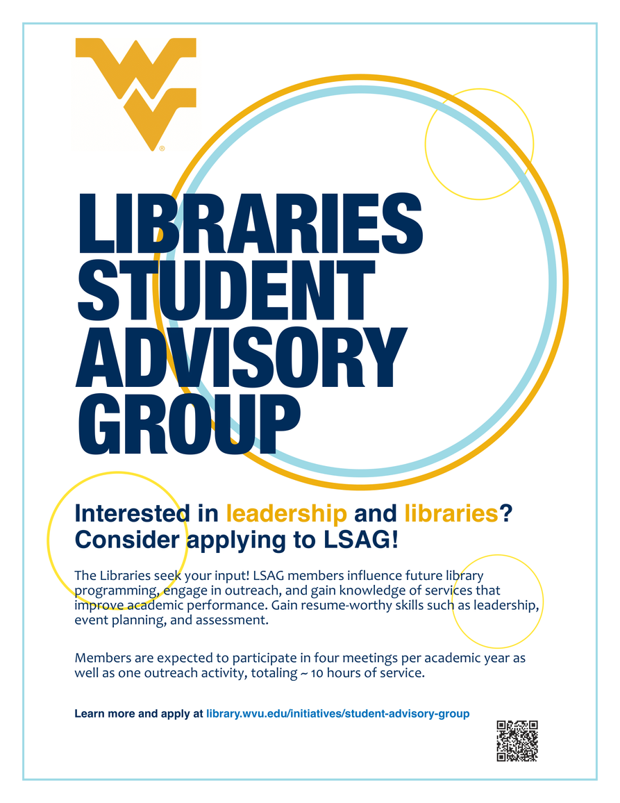 flyer for libraries student advisory group describing expectations of members and how to learn more and apply.