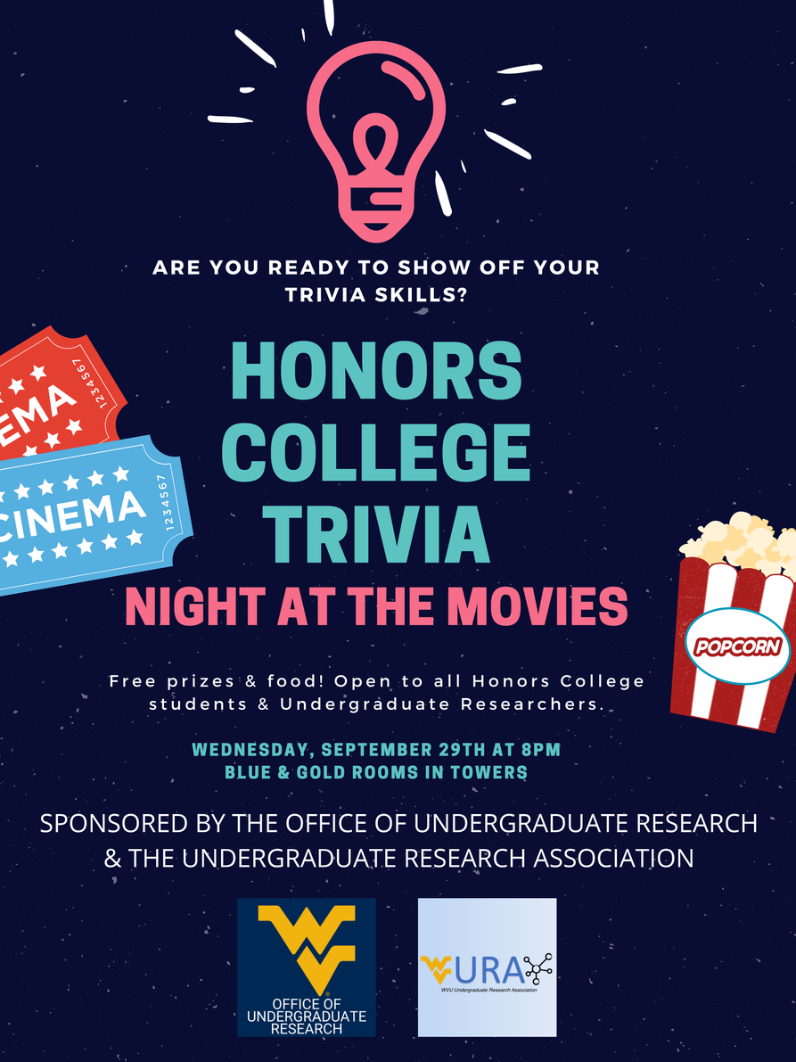 Honors College Trivia Night flyer. Includes images of movie tickets and a container of popcorn.